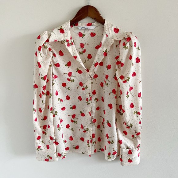 Zara Tops Zara Floral Puff Statement Sleeve Blouse Shirt Top Xs